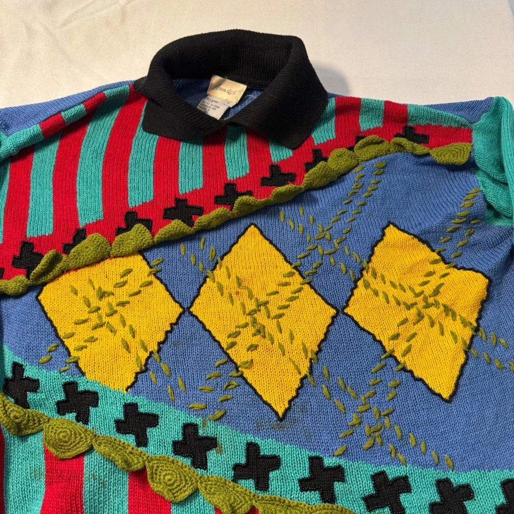 90s Vintage Retro Ann Wi Geometric Argyle Striped Knit Polo Sweater Large Beaded - Picture 4 of 15
